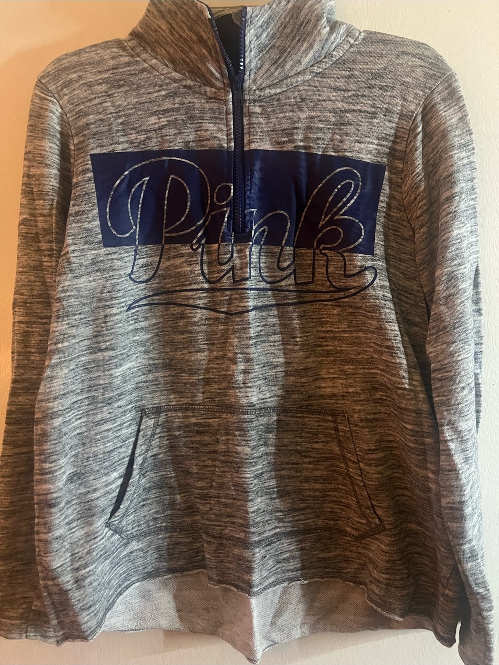 PINK Victoria's Secret Gray Heather Pullover with Navy Accent